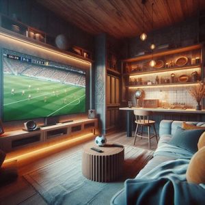 large couch and a big-screen TV showing a sports match