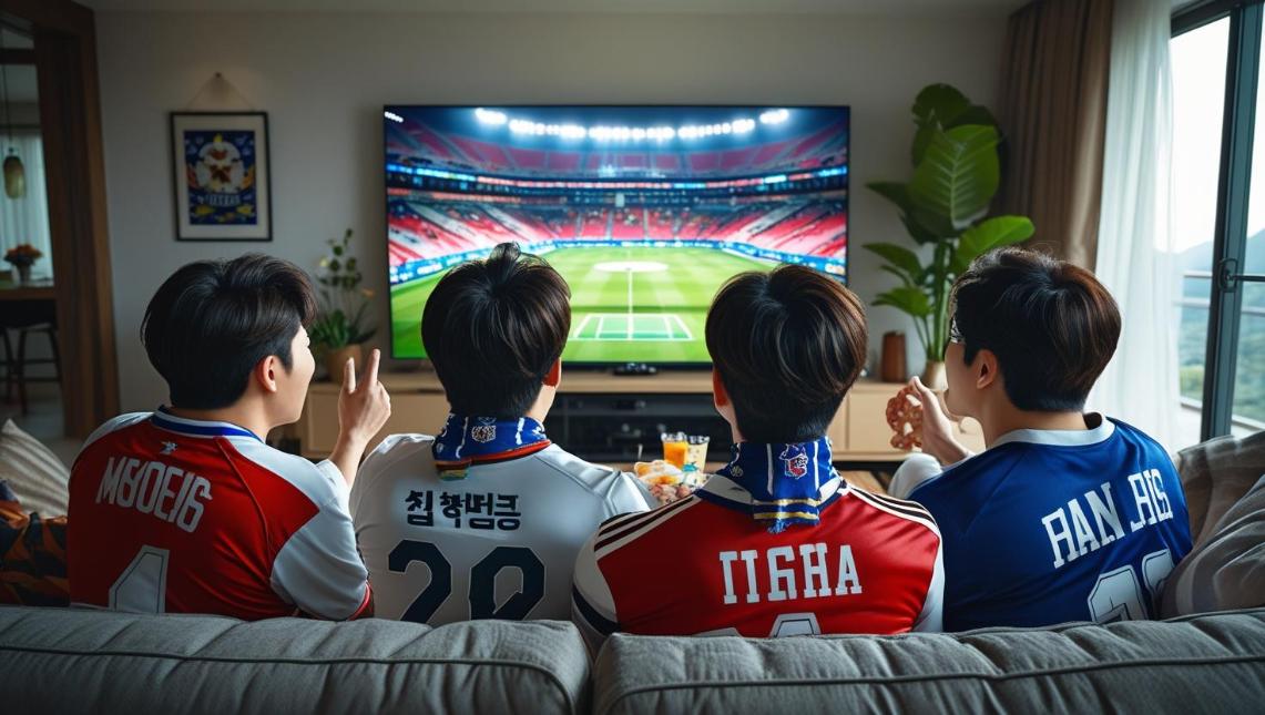 Korean fans cheer in living room watching sports game together on multiple screens.