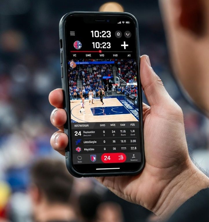 sports fan using a mobile app to watch a live basketball game