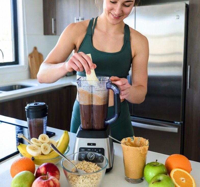 athlete preparing a high calorie smoothie with fruits, oats, and peanut butter in a modern kitchen